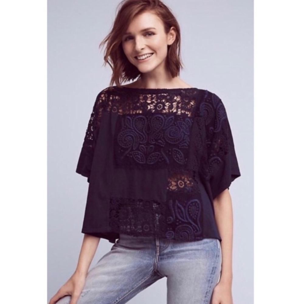 Anthropologie Black Lace Panel Boxy Top